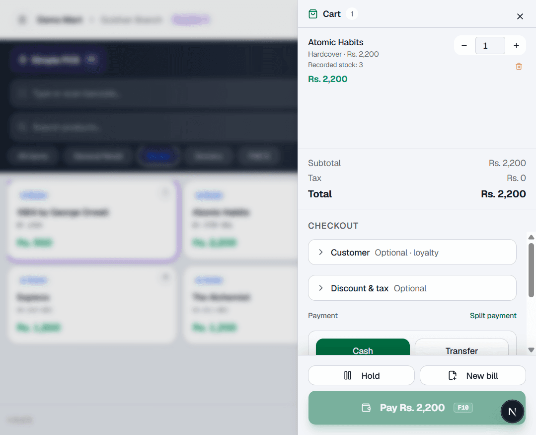 Sell 24/7 POS checkout screen with cart and payment